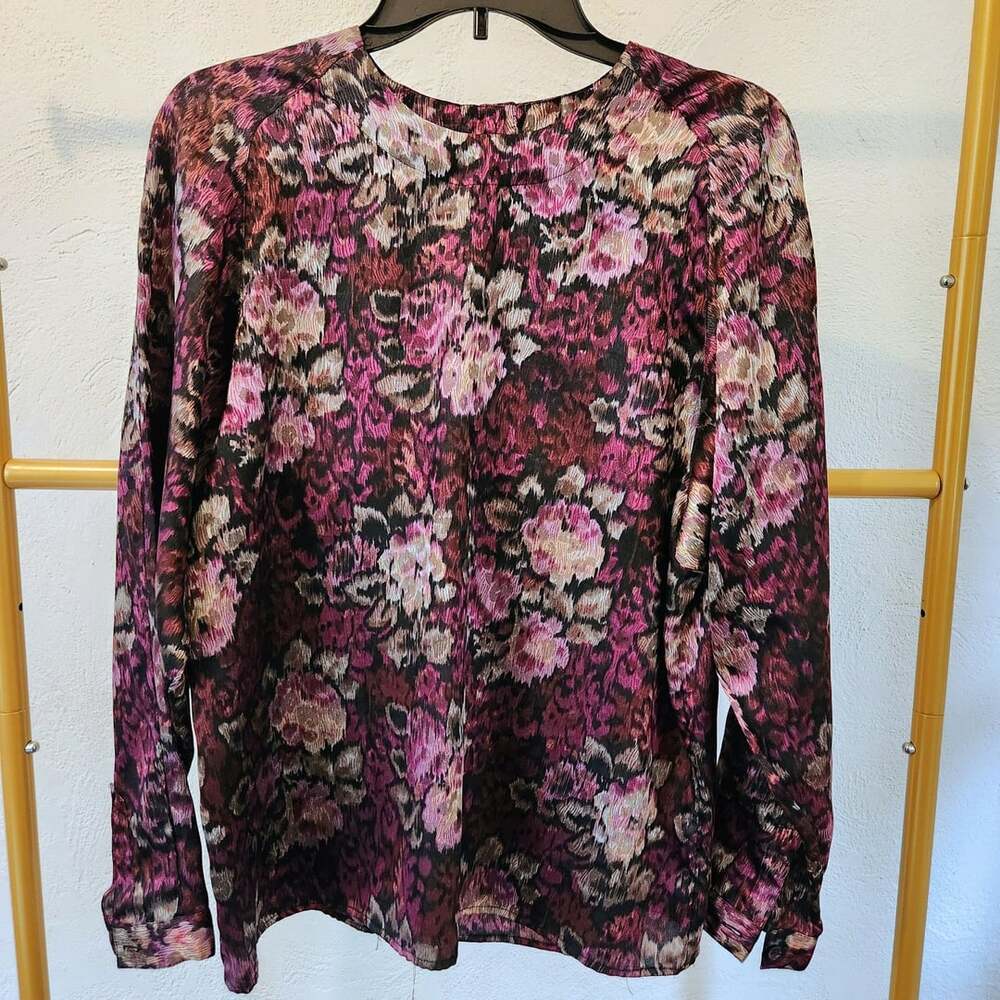 Sunny Leigh Floral Blouse Size 12 Magenta Long Sleeve Polyester